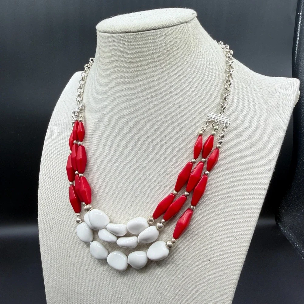 Red White Beaded Statement Necklace Silver Tone Triple Strand Chunky Boho Gift